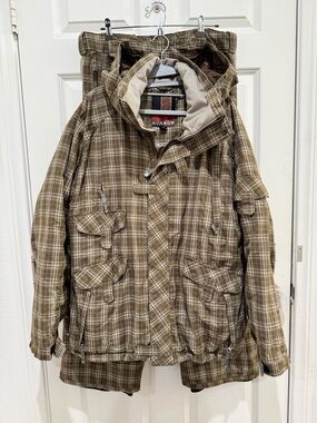 Morrow Men's 2-PC Snowboarding Skiing Jacket Pant Set Brown Plaid Size L
